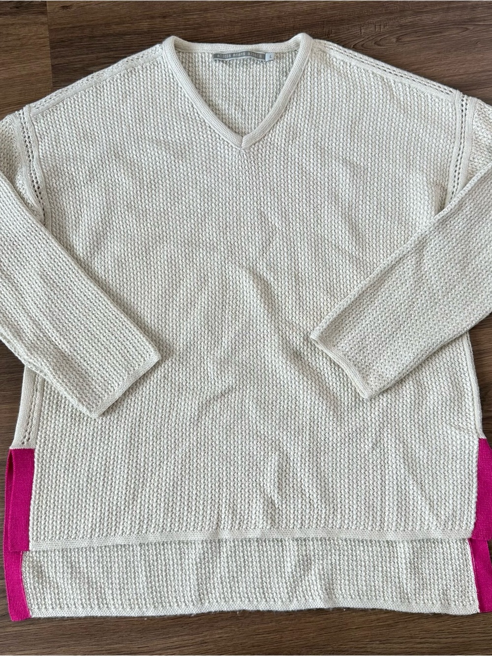 Alicia Adams Baby Alpaca Zoe Tunic Sweater Top Women Large Beige Knit V-Neck EUC